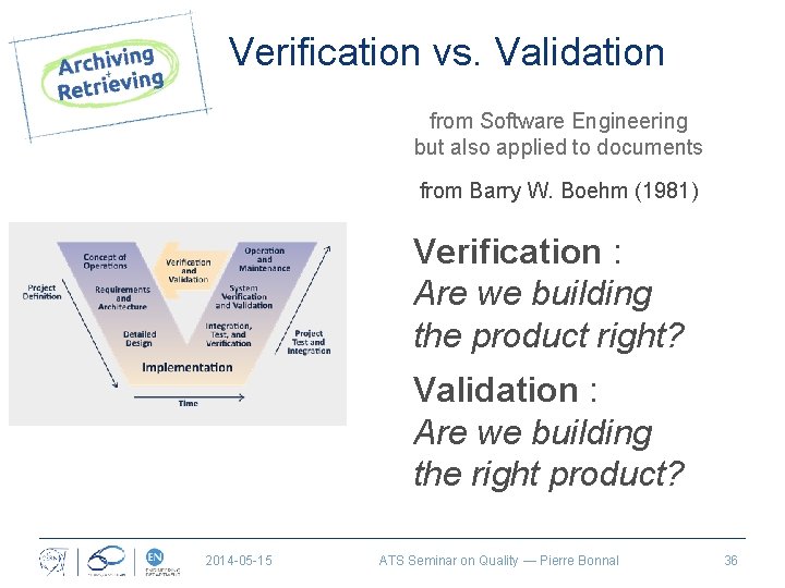 Verification vs. Validation from Software Engineering but also applied to documents from Barry W.