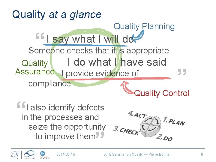 Quality at a glance Quality Planning “ I say what I will do Someone