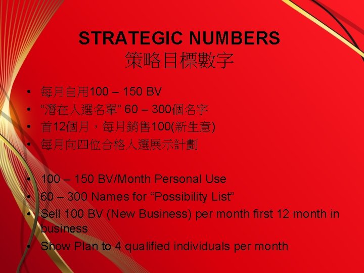 STRATEGIC NUMBERS 策略目標數字 • • 每月自用 100 – 150 BV “潛在人選名單” 60 – 300個名字