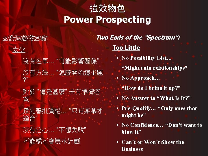 強效物色 Power Prospecting 面對兩端的困難: Two Ends of the “Spectrum”: 太少 沒有名單… “可能影響關係” 沒有方法… “怎麼開始這主題