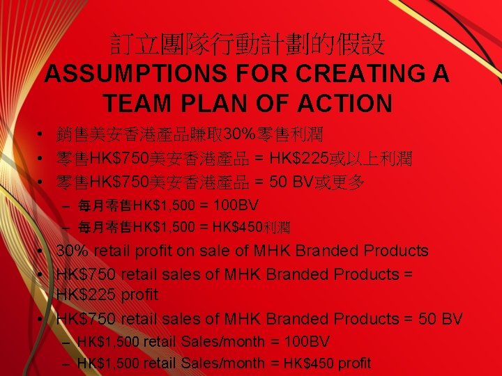 訂立團隊行動計劃的假設 ASSUMPTIONS FOR CREATING A TEAM PLAN OF ACTION • 銷售美安香港產品賺取 30%零售利潤 • 零售HK$750美安香港產品