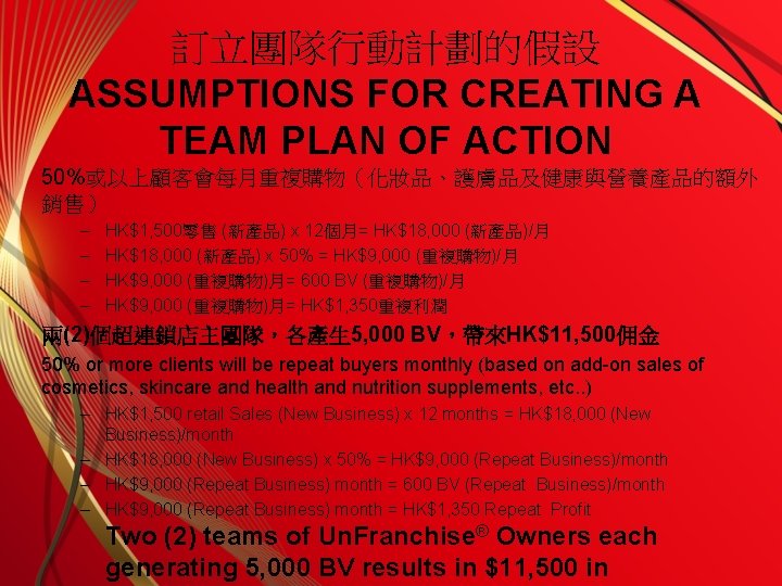 訂立團隊行動計劃的假設 ASSUMPTIONS FOR CREATING A TEAM PLAN OF ACTION 50%或以上顧客會每月重複購物（化妝品、護膚品及健康與營養產品的額外 銷售） – – HK$1,