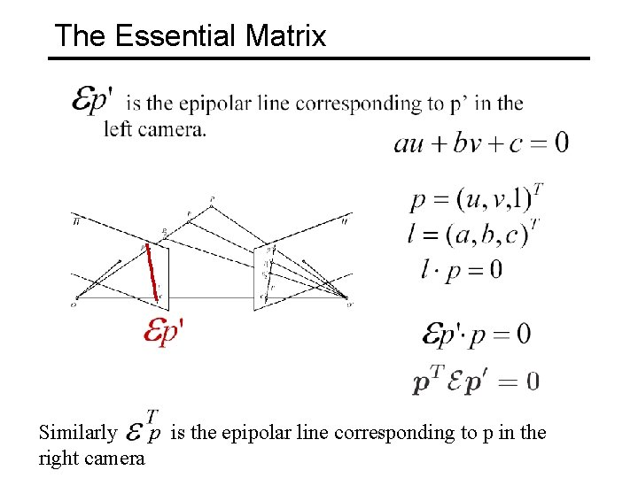 The Essential Matrix Similarly p is the epipolar line corresponding to p in the