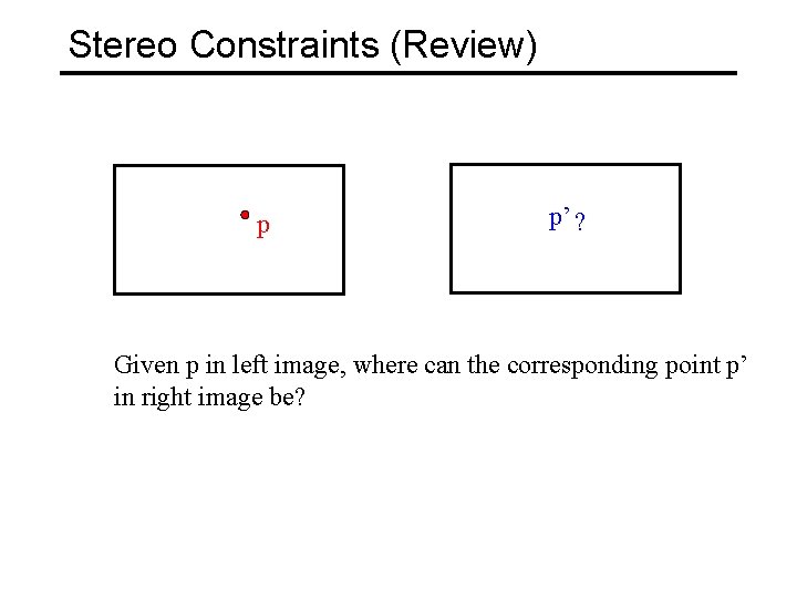 Stereo Constraints (Review) p p’ ? Given p in left image, where can the