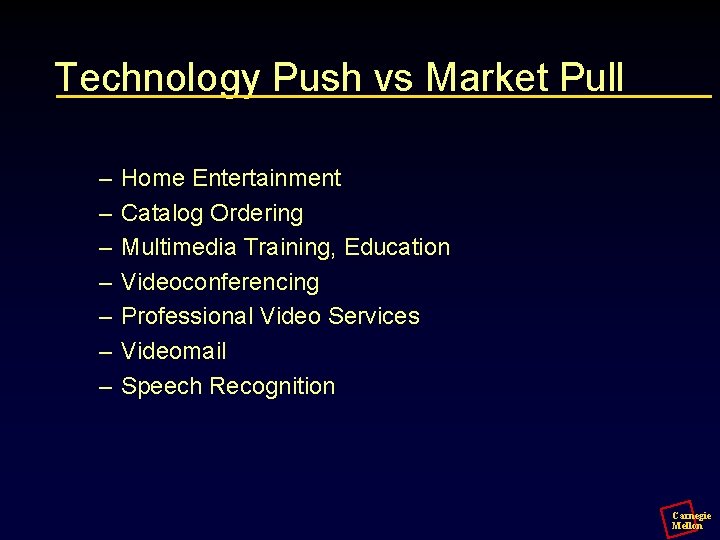 Technology Push vs Market Pull – – – – Home Entertainment Catalog Ordering Multimedia
