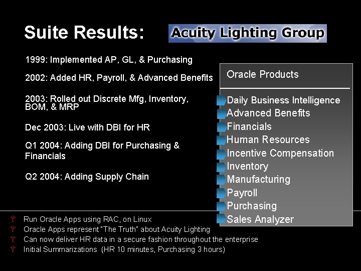 Suite Results: 1999: Implemented AP, GL, & Purchasing 2002: Added HR, Payroll, & Advanced Suite Results: 1999: Implemented AP, GL, & Purchasing 2002: Added HR, Payroll, & Advanced