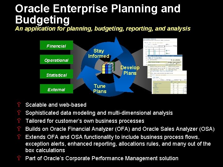 Oracle Enterprise Planning and Budgeting An application for planning, budgeting, reporting, and analysis Financial Oracle Enterprise Planning and Budgeting An application for planning, budgeting, reporting, and analysis Financial