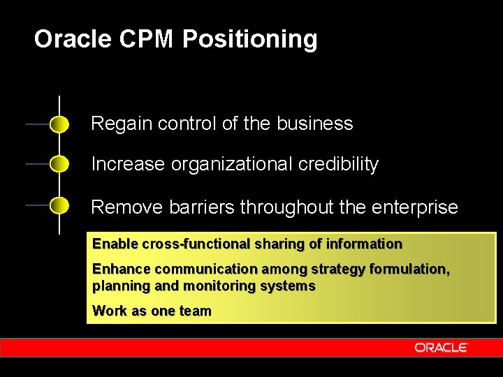 Oracle CPM Positioning Regain control of the business Increase organizational credibility Remove barriers throughout