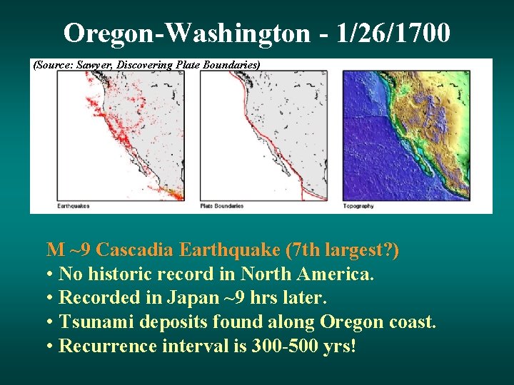 Oregon-Washington - 1/26/1700 (Source: Sawyer, Discovering Plate Boundaries) M ~9 Cascadia Earthquake (7 th