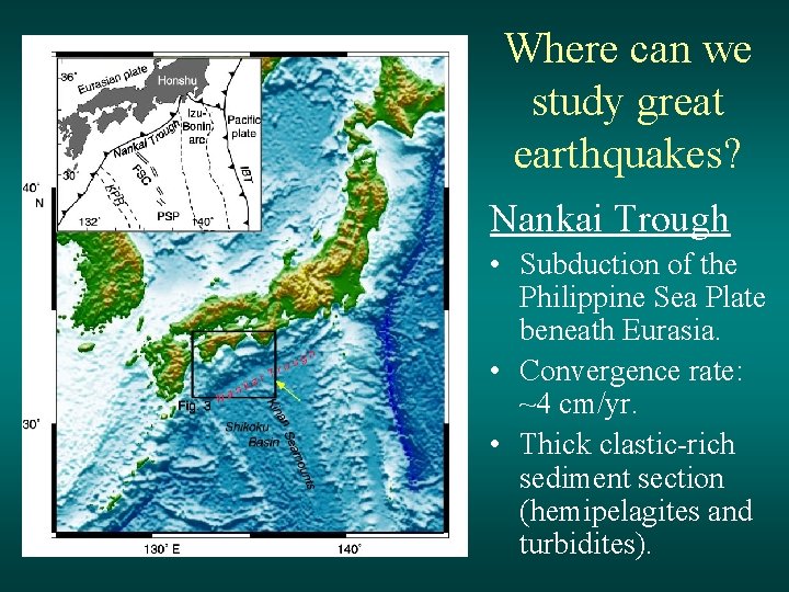 Where can we study great earthquakes? Nankai Trough • Subduction of the Philippine Sea