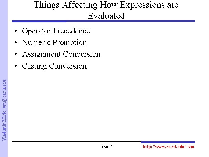 Things Affecting How Expressions are Evaluated Operator Precedence Numeric Promotion Assignment Conversion Casting Conversion