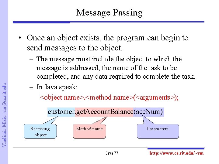 Message Passing Vladimir Misic: vm@cs. rit. edu • Once an object exists, the program