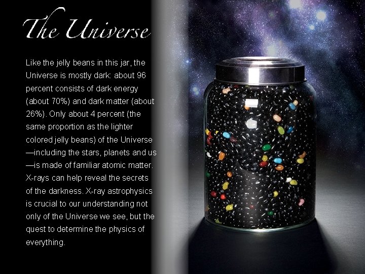 Like the jelly beans in this jar, the Universe is mostly dark: about 96