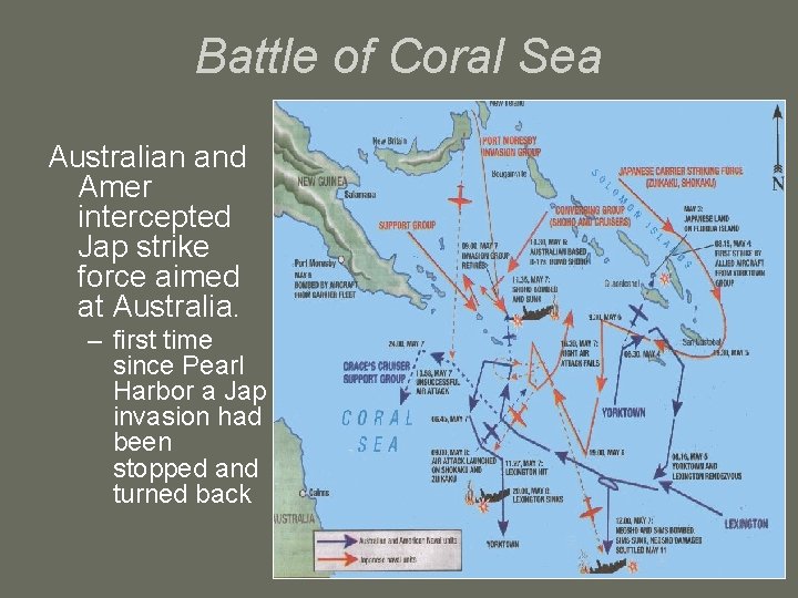 Battle of Coral Sea Australian and Amer intercepted Jap strike force aimed at Australia.