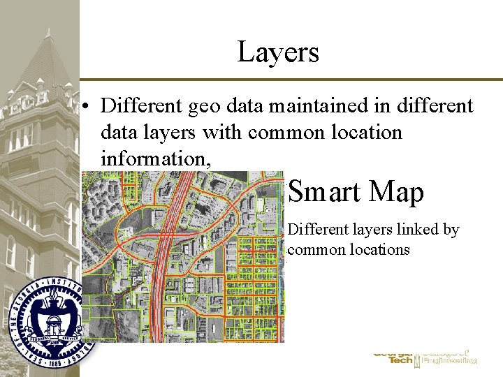 Layers • Different geo data maintained in different data layers with common location information,