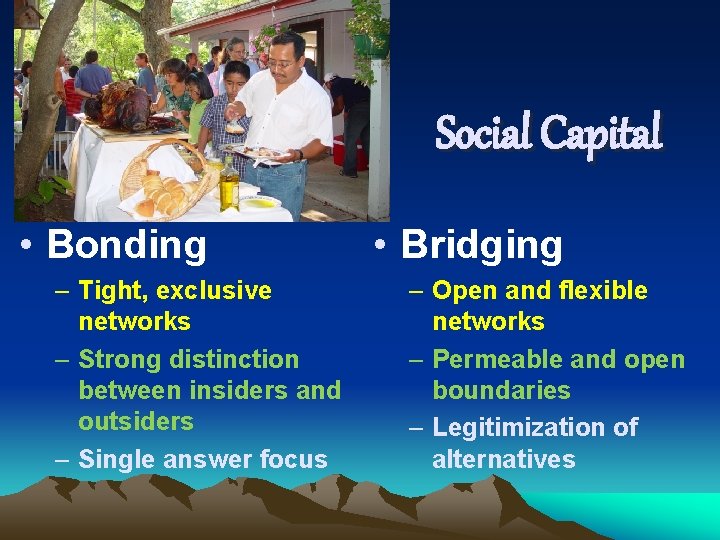 Social Capital • Bonding – Tight, exclusive networks – Strong distinction between insiders and