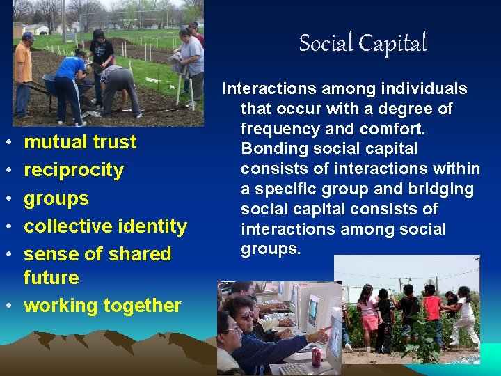 Social Capital • • • mutual trust reciprocity groups collective identity sense of shared