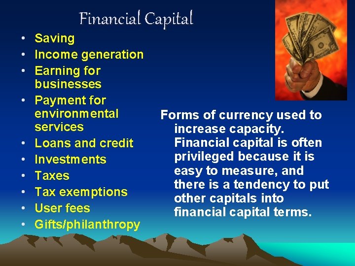 Financial Capital • Saving • Income generation • Earning for businesses • Payment for Financial Capital • Saving • Income generation • Earning for businesses • Payment for