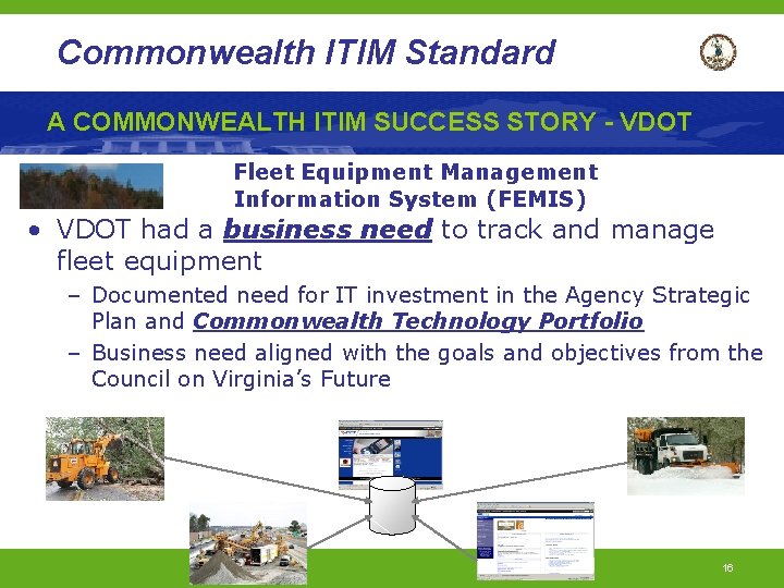 Commonwealth ITIM Standard A COMMONWEALTH ITIM SUCCESS STORY - VDOT Fleet Equipment Management Information