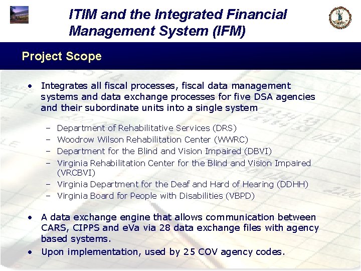 ITIM and the Integrated Financial Management System (IFM) Project Scope • Integrates all fiscal