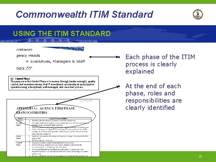 Commonwealth ITIM Standard USING THE ITIM STANDARD • Each phase of the ITIM process