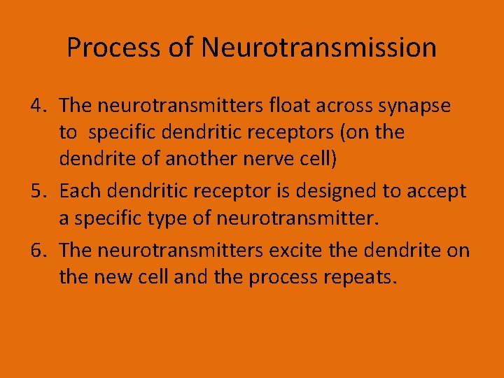 Process of Neurotransmission 4. The neurotransmitters float across synapse to specific dendritic receptors (on