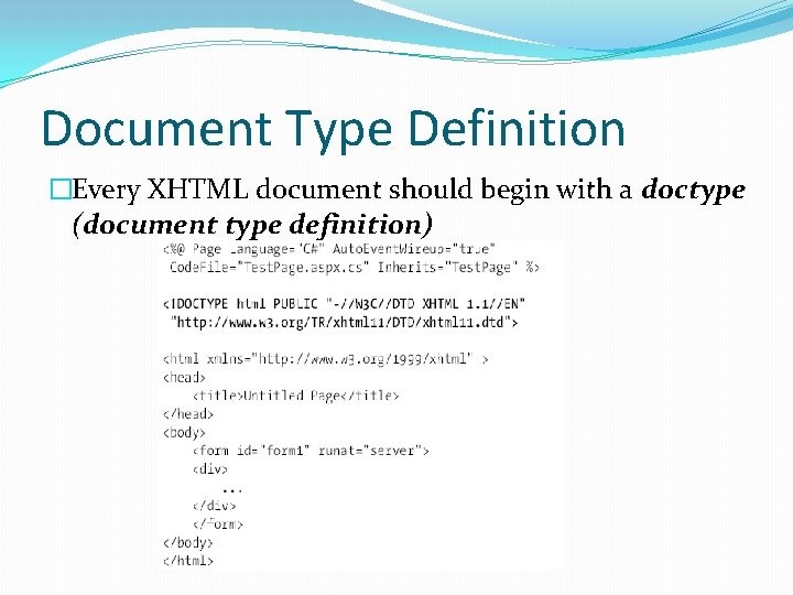 Document Type Definition �Every XHTML document should begin with a doctype (document type definition)