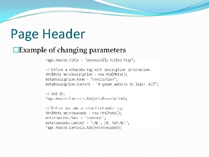 Page Header �Example of changing parameters 