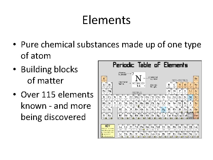 Elements • Pure chemical substances made up of one type of atom • Building