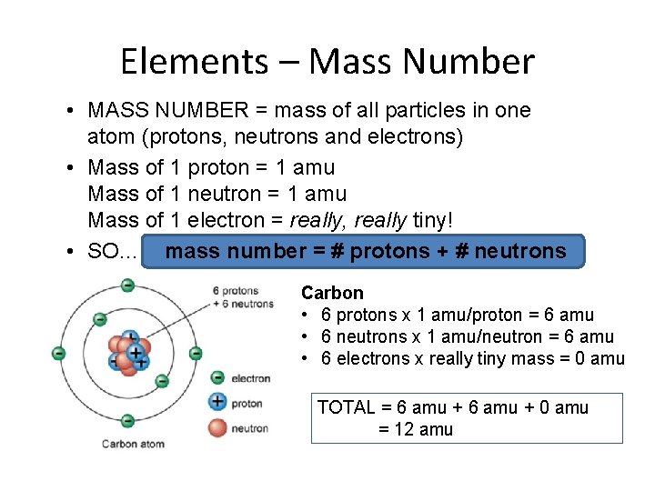 Elements – Mass Number • MASS NUMBER = mass of all particles in one