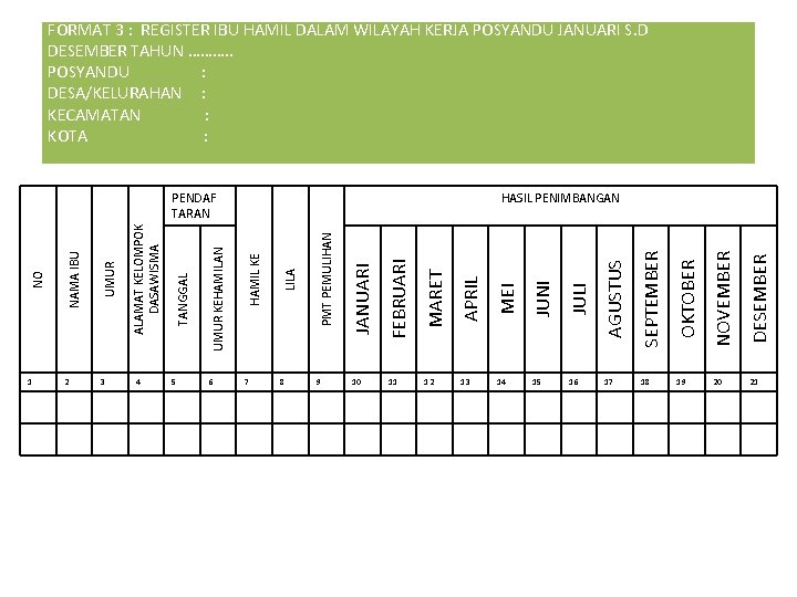 FORMAT 3 : REGISTER IBU HAMIL DALAM WILAYAH KERJA POSYANDU JANUARI S. D DESEMBER