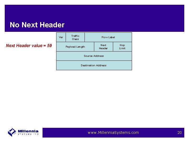 No Next Header Ver Next Header value = 59 Traffic Class Flow Label Payload