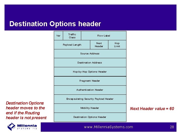 Destination Options header Ver Traffic Class Flow Label Payload Length Next Header Hop Limit