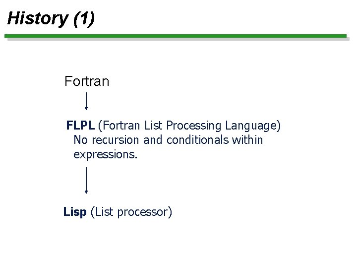 History (1) Fortran FLPL (Fortran List Processing Language) No recursion and conditionals within expressions.