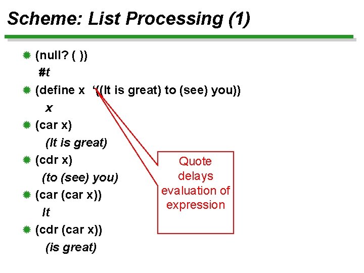 Scheme: List Processing (1) ® (null? ( )) ® ® ® #t (define x
