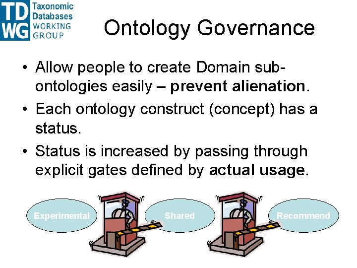 Ontology Governance • Allow people to create Domain subontologies easily – prevent alienation. • Ontology Governance • Allow people to create Domain subontologies easily – prevent alienation. •