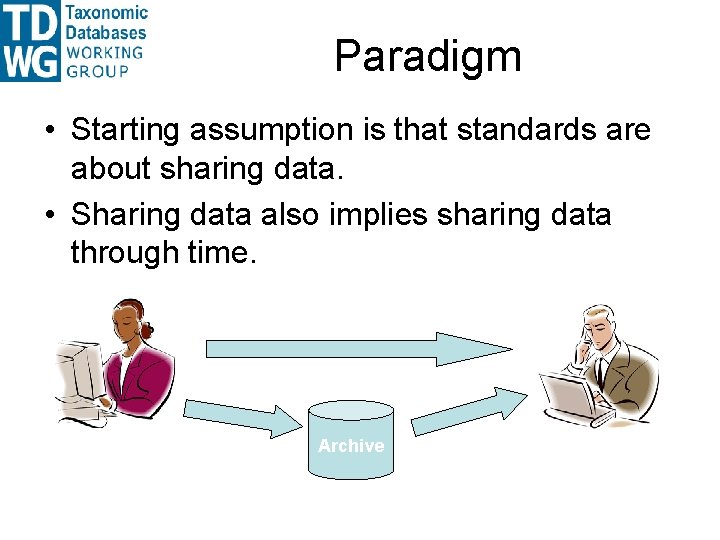 Paradigm • Starting assumption is that standards are about sharing data. • Sharing data Paradigm • Starting assumption is that standards are about sharing data. • Sharing data