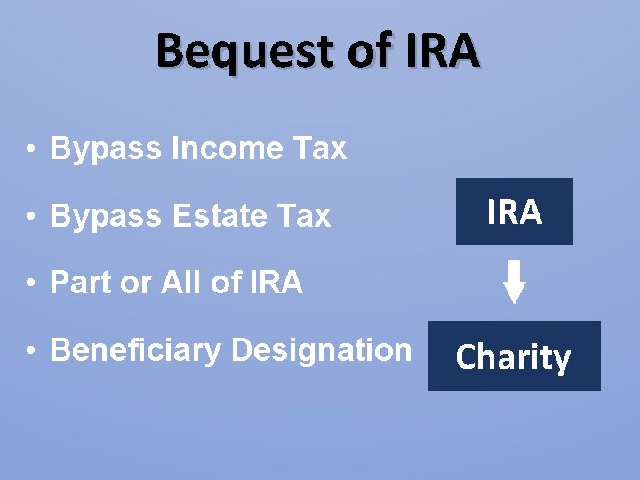 Bequest of IRA • Bypass Income Tax • Bypass Estate Tax IRA • Part Bequest of IRA • Bypass Income Tax • Bypass Estate Tax IRA • Part
