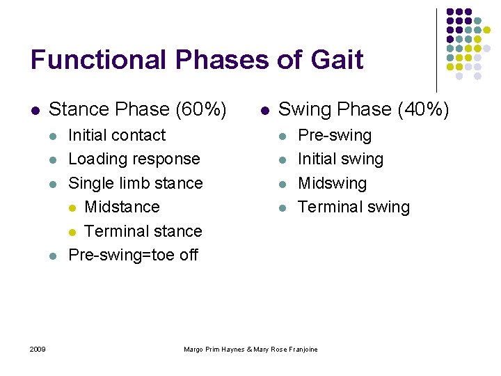 Functional Phases of Gait l Stance Phase (60%) l l 2009 Initial contact Loading