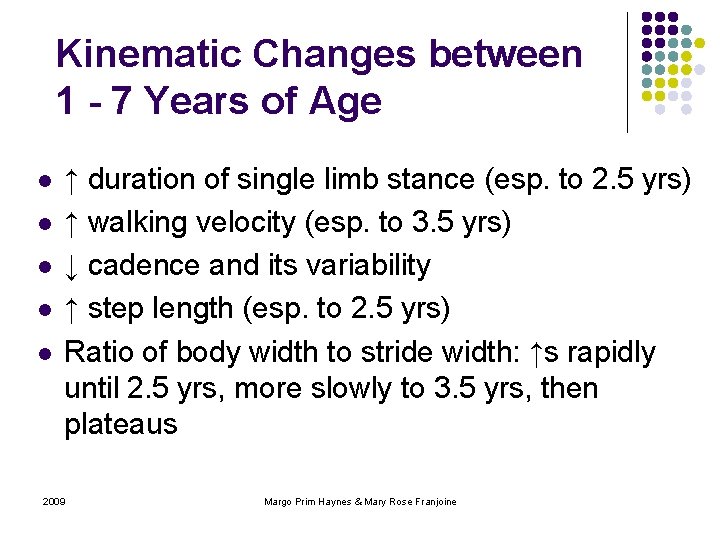 Kinematic Changes between 1 - 7 Years of Age l l l ↑ duration