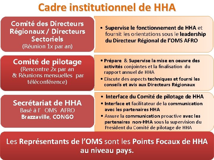 Cadre institutionnel de HHA Comité des Directeurs Régionaux / Directeurs Sectoriels (Réunion 1 x