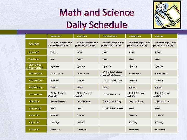 Math and Science Daily Schedule 8: 35 -8: 50 MONDAY Students unpack and get