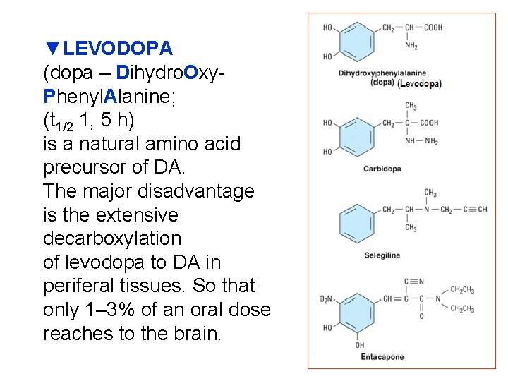 ▼LEVODOPA (dopa – Dihydro. Oxy. Phenyl. Alanine; (t 1/2 1, 5 h) is a