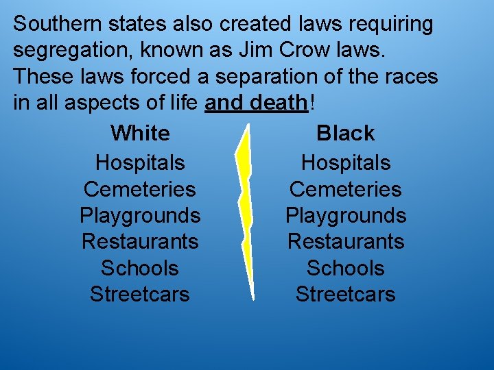Southern states also created laws requiring segregation, known as Jim Crow laws. These laws