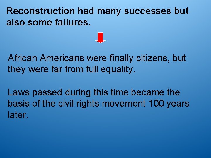 Reconstruction had many successes but also some failures. African Americans were finally citizens, but