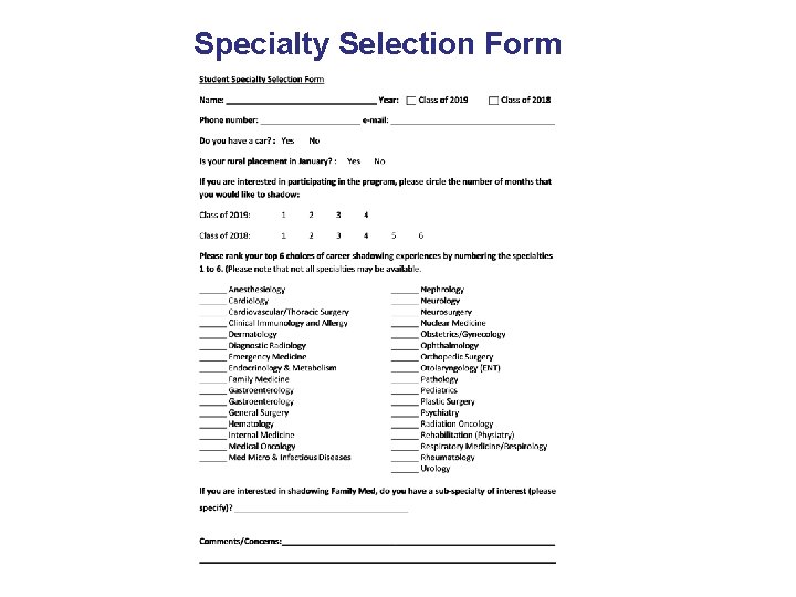 Specialty Selection Form 
