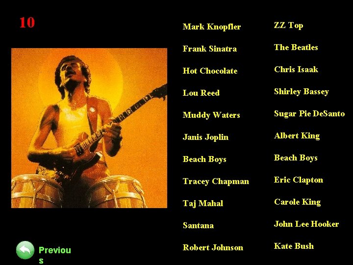 10 Previou s Mark Knopfler ZZ Top Frank Sinatra The Beatles Hot Chocolate Chris