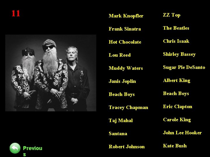 11 Previou s Mark Knopfler ZZ Top Frank Sinatra The Beatles Hot Chocolate Chris