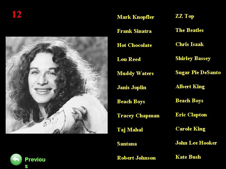 12 Previou s Mark Knopfler ZZ Top Frank Sinatra The Beatles Hot Chocolate Chris