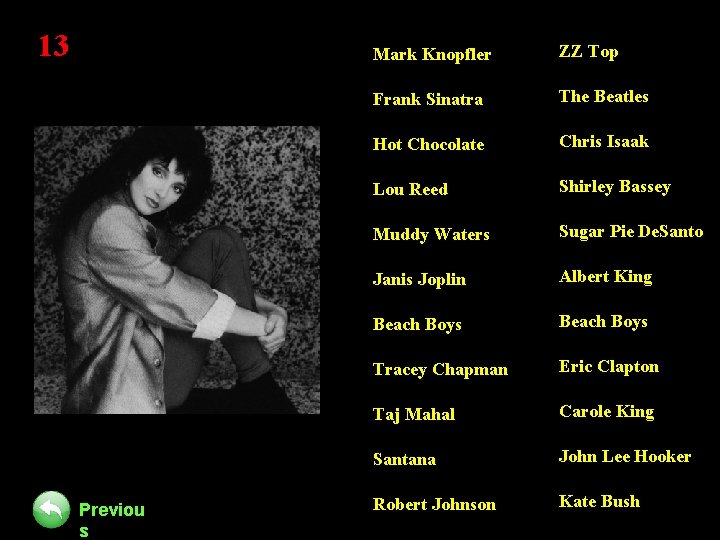 13 Previou s Mark Knopfler ZZ Top Frank Sinatra The Beatles Hot Chocolate Chris